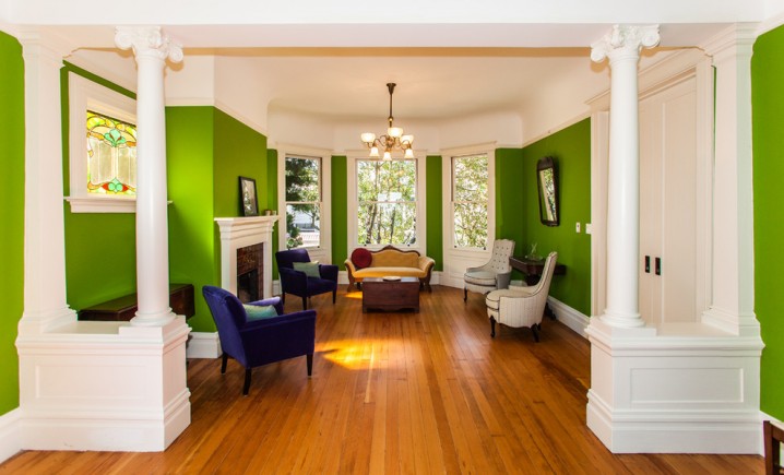 living room with lime green walls