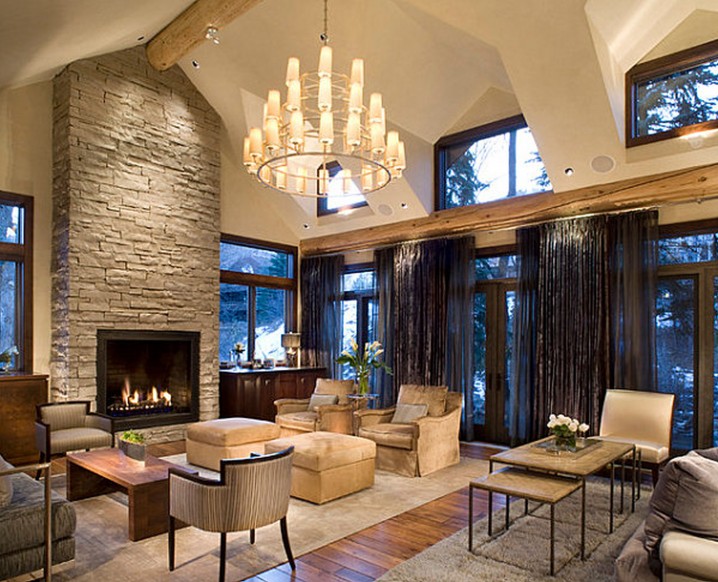 living room corner with stone walls