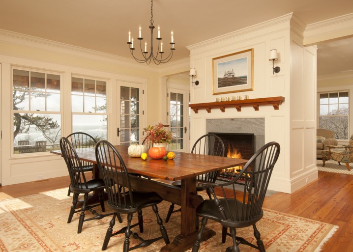 casual dining room with fireplace