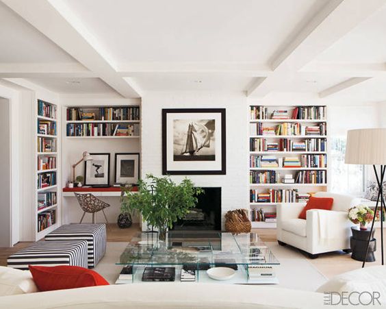 attractively arranged living room bookcases