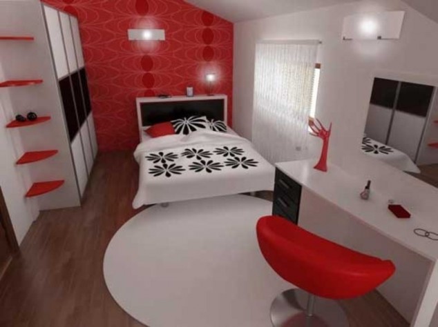 red white black bedroom, colourful design, bedroom