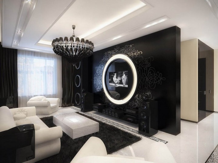Elegant-Black-and-White-Room-Designs-Wonderful-Black-Pendants-Chandelier-and-White-Sofas-Combination-Contemporary-Interior-815x611