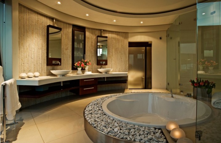 Fantastic-Bath-Ups-Ideas-With-Round-Bathup-Rocks-Design-Modern-Bathroom-And-Transparent-Shower-Room-And-Ceiling-Lamps-And-Rectangular-Mirror-With-Ceramic-Tile-Flooring-And-Modern-Water-Sink