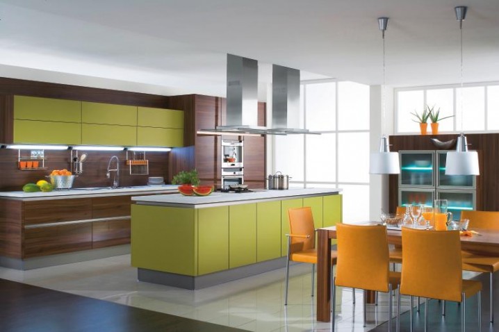 Modern-Green-Orange-Open-Kitchen-Design-idea