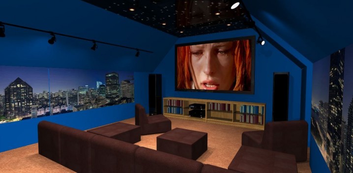 attic-home-theater-with-amazing-lighting-and-blue-wall-ideas-for-striking-look