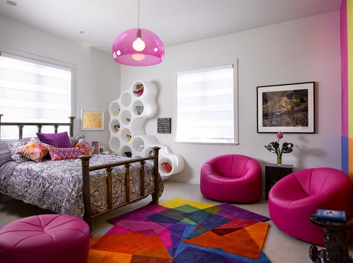 exquisite-pink-round-sofa-and-colorful-rug-with-pink-pendant-lamp-with-circular-wall-shelves-in-bedroom-design-girls