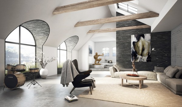 high-ceiling-design-in-masculine-living-room-attic-a-drum-set-wooden-floor-stone-wall-low-sectional-sofa-round-wooden-coffee-table-black-chair-skylight