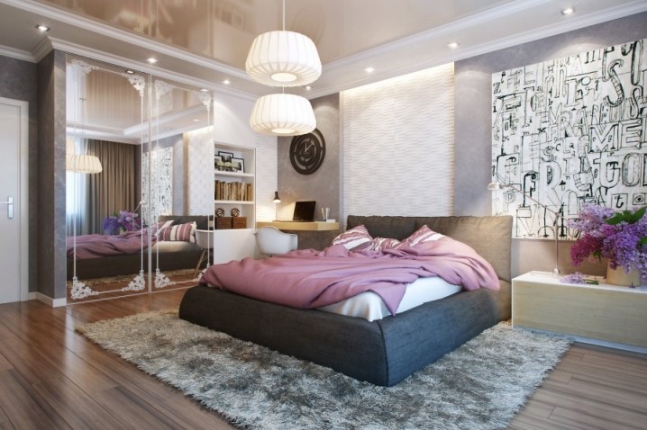 mirrored-closets-brown-fur-rug-wooden-flooring-pendant-lamp-wardrobes-table-lamp-wood-desk-white-chairs-pink-bed-covers-cozy-bed-in-small-bedroom-ideas-modern-bedroom-design-ideas-furniture-bedroom-color