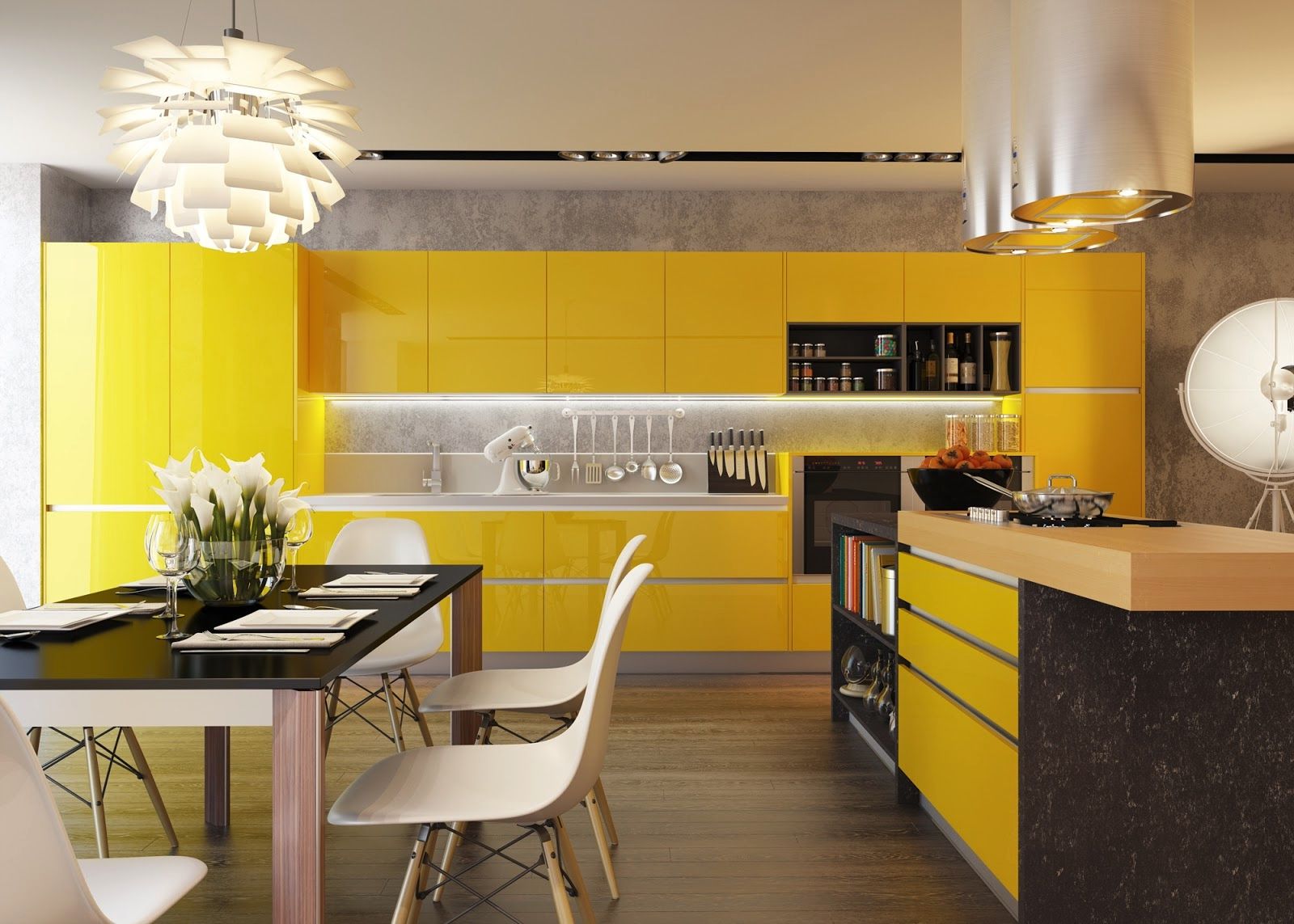 black white yellow kitchen design