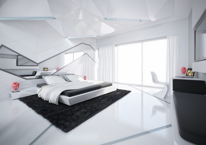 white-bedroom-with-the-black-fur-rug
