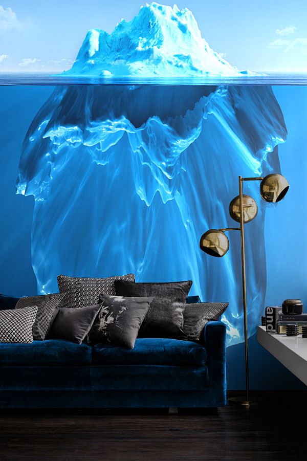 Imposing Iceberg Wall Mural Used for Modern White and Blue Living Room Creating Eye Catching Focal Point