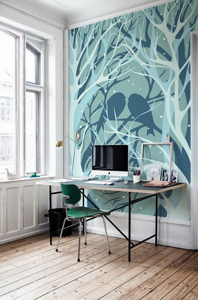 Forest Wall Mural Applied to Give Natural View in Home Office Completing Outside View Presented Through Large Windows