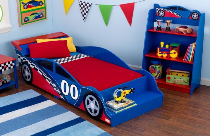 blue-theme-of-toddler-wall-furniture-and-rug-added-with-sport-car-bed-plus-shelf