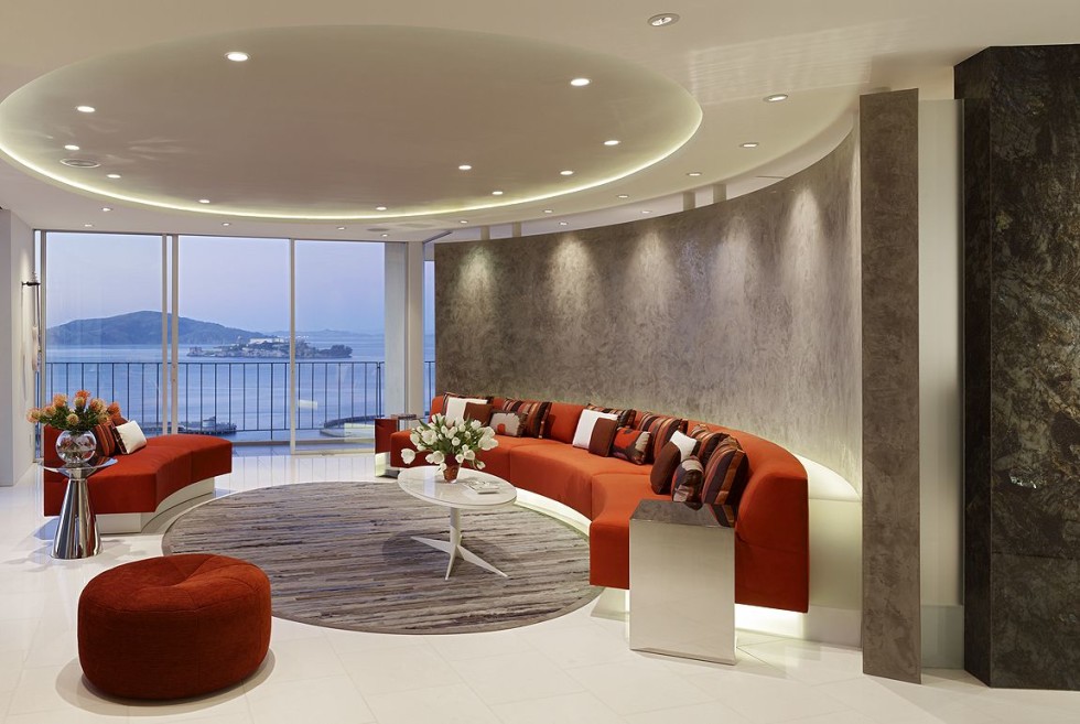 living room with curved wall