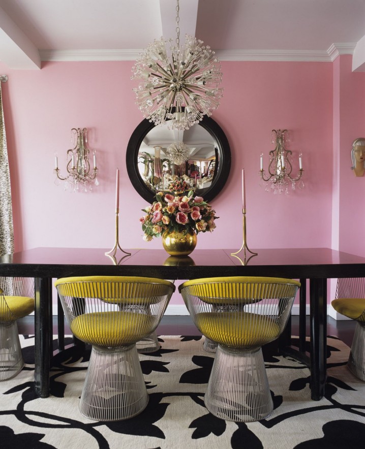 pretty-pink-dining-room-combined-with-unique-yellow-chairs-and-white-and-black-area-rug