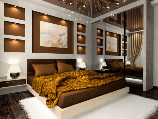 Decoration-Ideas-Master-Bedroom-With-Brown-Gold-And-White-Design-With-A-Wall-Mirror-And-Spotlights