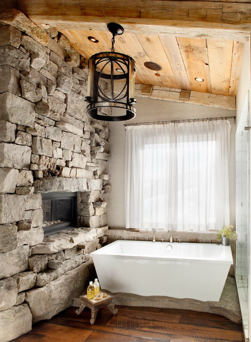 Getting-a-Fresh-Feelings-With-Stones-Wall-Bathroom-Design-with-abstract-stones-with-white-bathtub-also-curtains