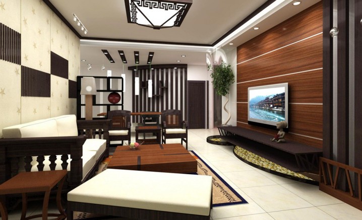 Luxurious-Living-Room-Interior-Featuring-TV-With-Wooden-Panelling-Red-Side-Table-Star-Decor-Wall-Plant-Pot-White-Marble-Floor-Ceiling-Lamp-Wonderful-Decorating-Tv-Wall-For-Your-Livin