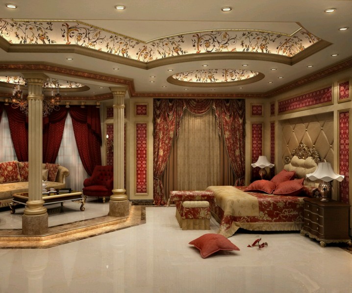Luxury-ceiling-designs-for-master-bedroom-with-red-curtains