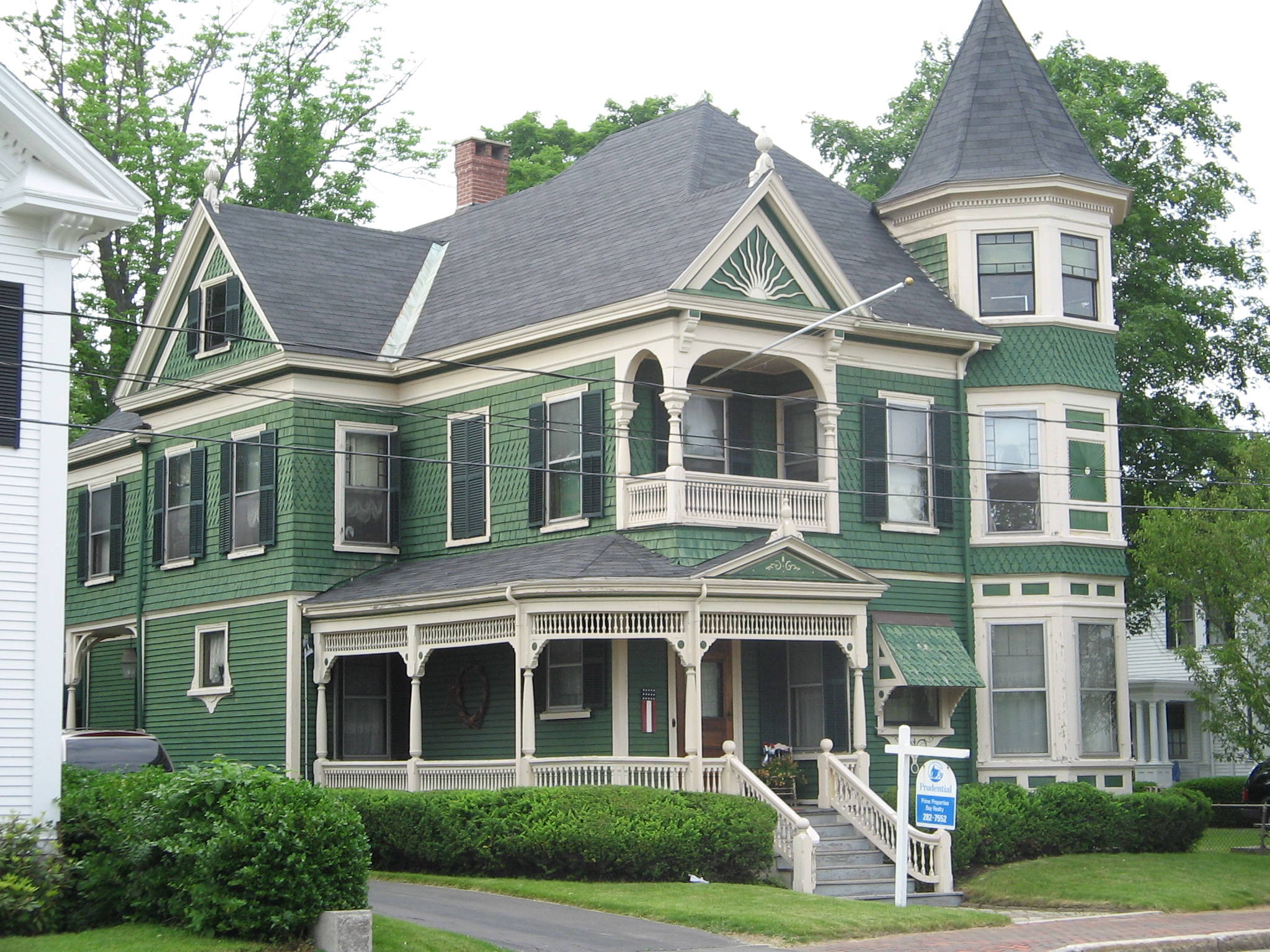 Beautiful Green Queen Anne Victorian House Classic Black Wood Window Exterior Blinds Black Hip And Valley Roof Green Painted Wood Wall Paneling Corner Three Storeys Tower Victorian House Designs Arch 
