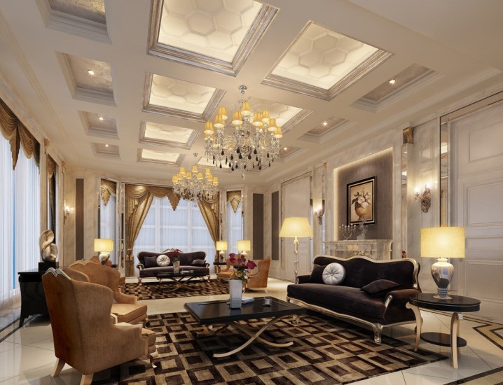 Luxury Grey Wall Triangular Ceiling Living Room Ideas