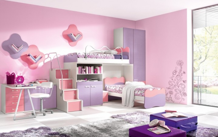 breathtaking-bunk-bed-decor-with-pink-headboard-blanket-mattress-hight-purple-wardrobe-glass-window-l-shape-study-desk-swivel-chair-grey-fur-rug-blue-pouffe-1024x644