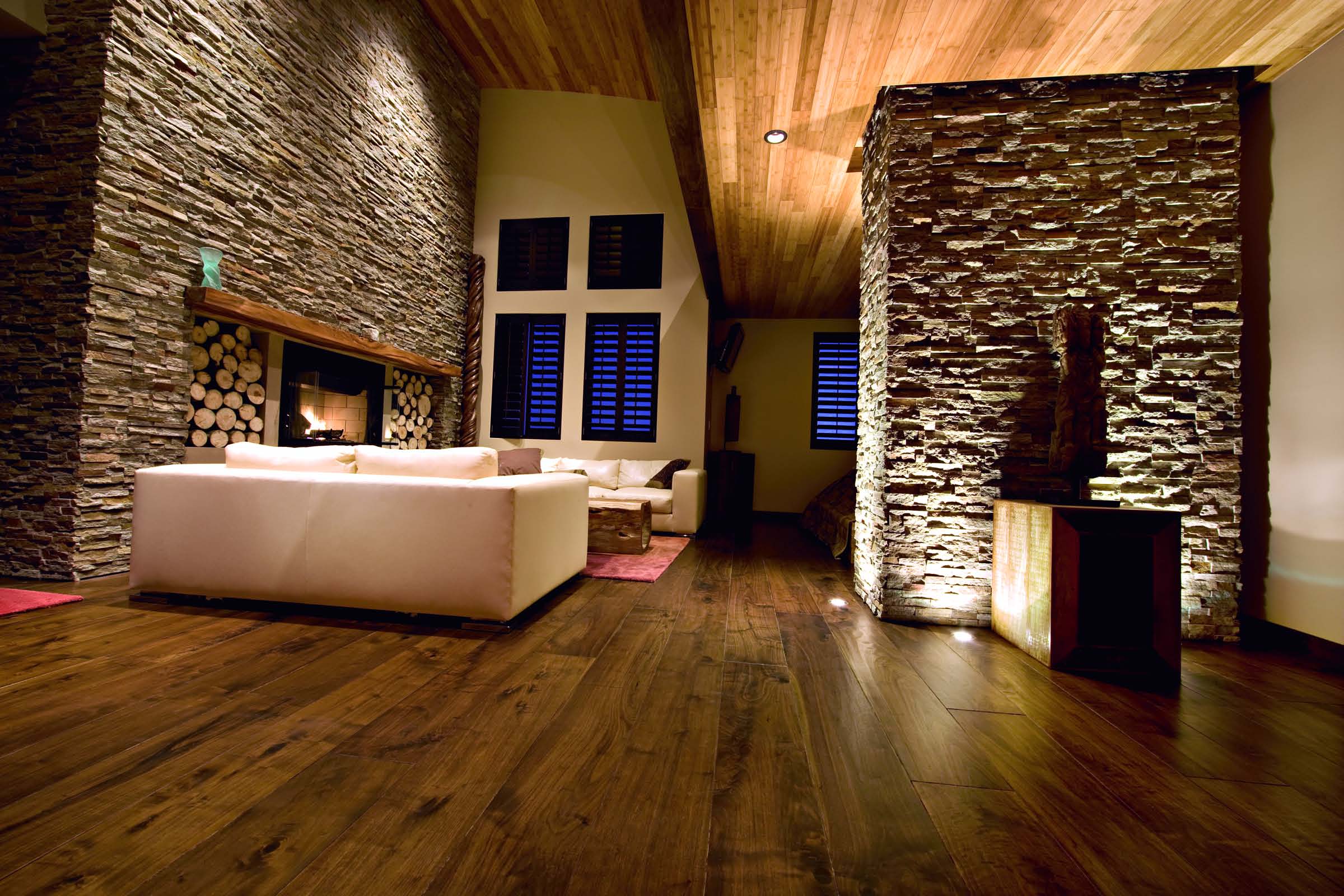 large stone walls in living room