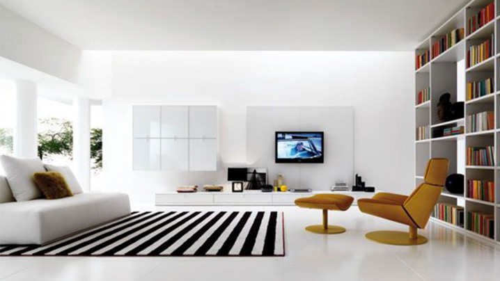 modern-living-room-with-brown-armchair-design-and-white-leather-sofa-and-white-living-room-walls-and-bookshelf-design