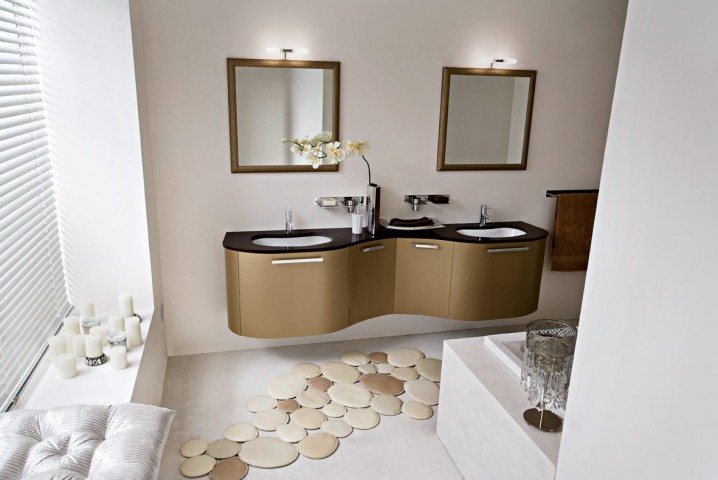 Fancy-Bathroom-Interior-Design-Ideas-With-Honeycomb-Rug-With-Gold-Color-Plus-Wall-Mount-Twin-Vanities-As-Well-As-Vanity-Mirror-Also-Faucet-Freestanding-Bathtub