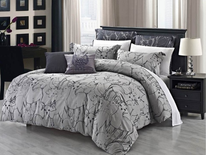 Fascinating-Gray-White-Patterned-Animal-Print-Duvet-Cover-Set-on-Wooden-Bed-with-Wooden-Nightstand-and-White-Table-Lamp