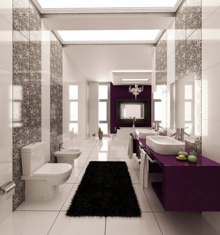 large-skylights-in-fancy-bathroom-with-black-fur-rug-and-magenta-vanity-cabinets-feat-small-chandelier