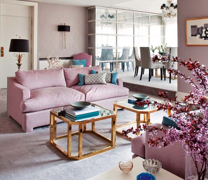 Chic-Pastel-Lavender-Living-Room-Pink-Sofa-Turquoise-Pillow