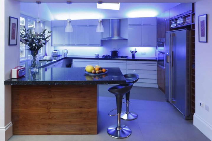 Led-Modern-Kitchen-Lighting-Design-Ideas-Fantastic-Modern-Blue-Kitchen-Design-Ideas-With-Wood-Dining-Table-And-Modern-Chair-Combined-With-Beautiful-Lighting