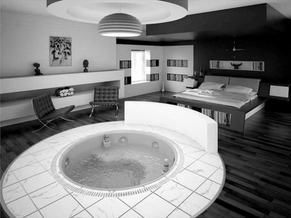 jacuzzi-rund-moderne-schlafzimmer-designs-in-schwarz-weiß