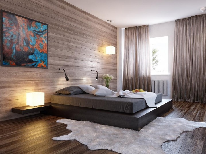 Attractive-wooden-panel-wall-bedroom-design-with-platform-bed-and-wall-mounted-bedside-table-also-laminate-wood-flooring-take-the-idea-of---bedroom-wall-wood-panels