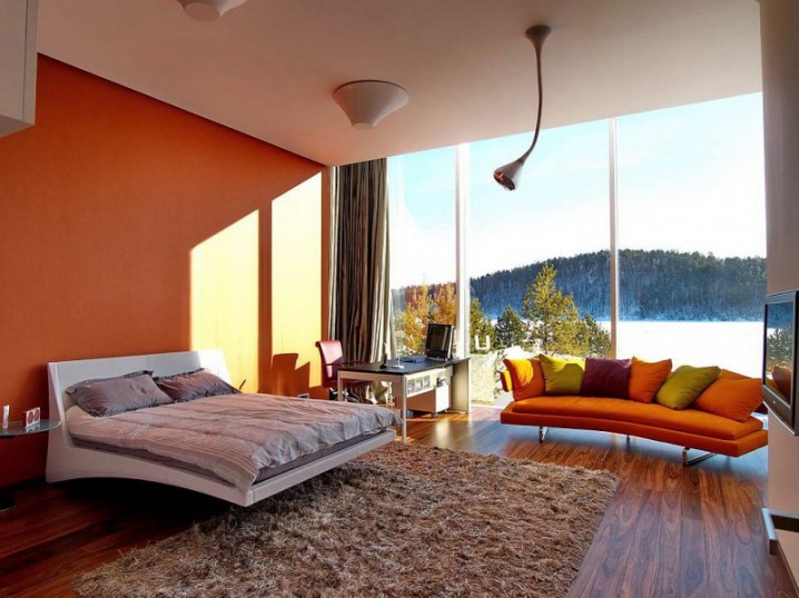 amusing-modern-orange-bedroom-furniture-with-wall-paint-plus-large-glazed-window-and-white-bed-also-unique-wood-laminate-flooring-as-well-as-small-workspace-brown-rug