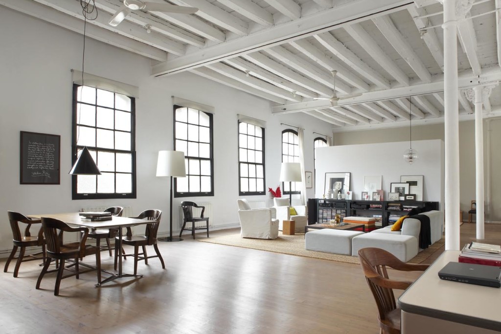 Modern Industrial Loft Living Room Design Beautiful Ideas With Painted Exposed Beams And Open Floor Plan Also Black Pendant Lamp With Laminate Flooring And White Sofa 1024x683 