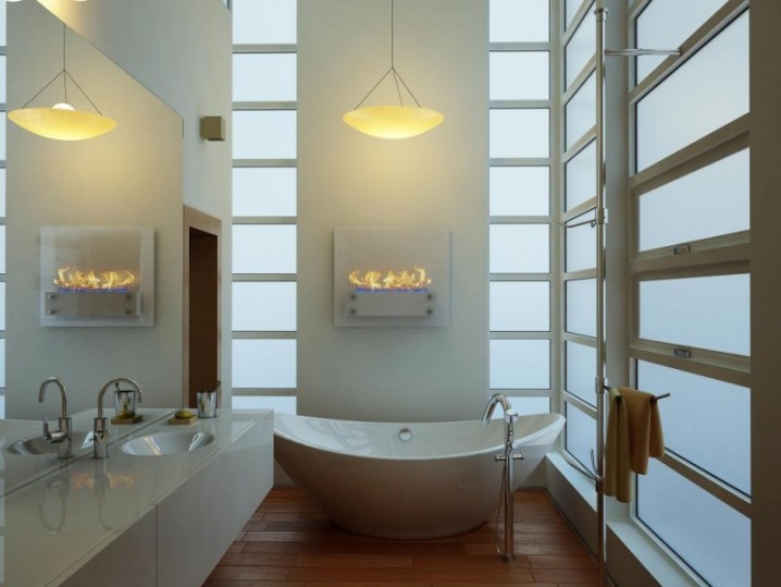 elegant-modern-electric-fireplace-design-set-on-the-wall-bathroom-with-amazing-lighting-pendant-lamp-as-well-unique-bathtub-on-wooden-floor-and-wide-glass-window-and-white-vanity-sink-801x601