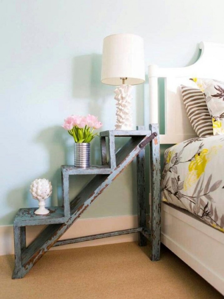 pale-blue-bedroom-wall-painting-idea-also-awesome-small-bedside-table-with-ladder-shape-and-pretty-light-fixture