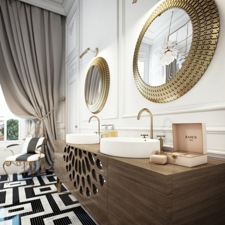 Awesome-decoration-interior-design-saint-germain-apartment-at-large-bathroom-with-beautiful-vanity-and-circle-mirrors