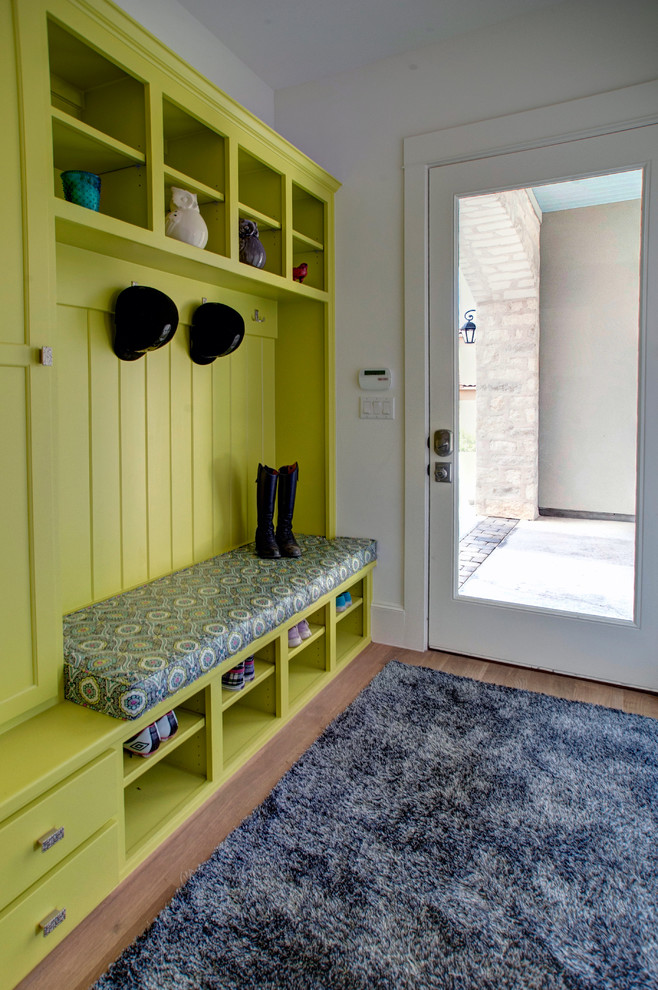 Bright-Shoe-Cubbies-method-Austin-Contemporary-Entry-Decorating-ideas-with-built-in-storage-built-ins-green-cabinets-hall-tree-hat-racks-mudroom-shoe-cubbies-white-trim