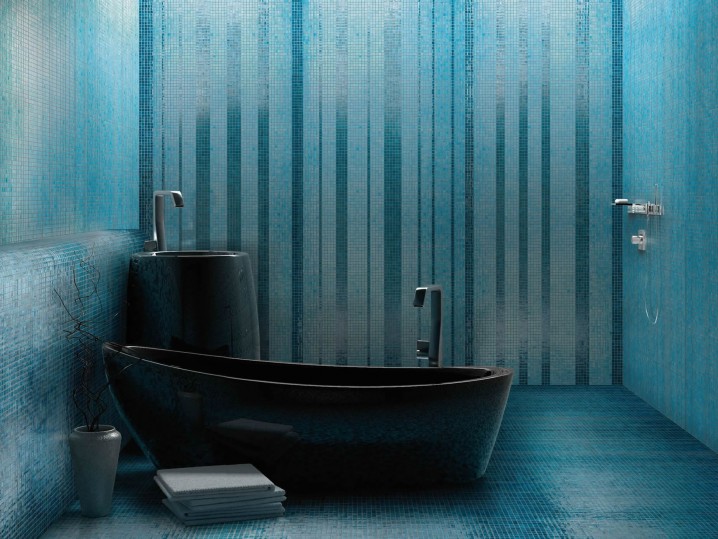 Elegant-Bathroom-Paradise-in-Blue-Color-Inserted-Black-Bathtub-from-Porcelain-Material-near-Small-Washbasin-plus-Faucets-in-Home-Interior-Image