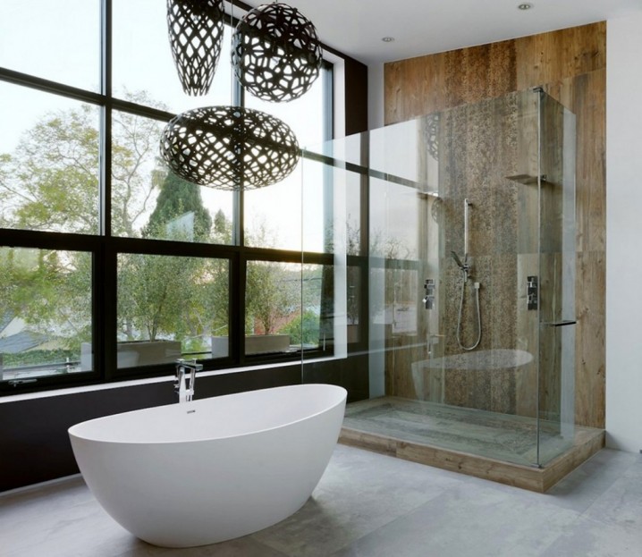 Luxury-bathroom-with-honeycomb-shadow-pattern-pendant-light-and-white-Freestanding-Soaker-Tub-also-glass-wrapped-double-shower-stall-design-ideas-1024x888