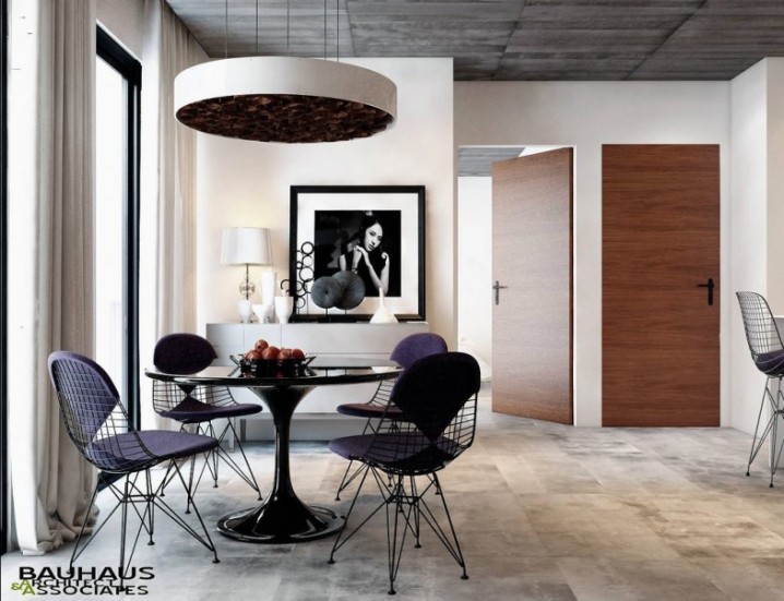Modern-design-of-dining-room-with-black-dining-table-set-potrait-artwork-white-drawer-table-lamp-round-chandelier-also-window-curtain-and-porcelain-wooden-style-floor-785x602