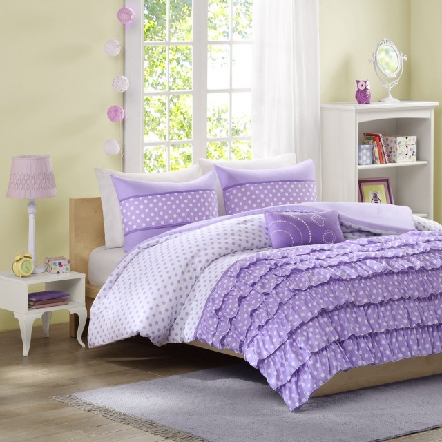 Cute Purple Ruffled Polka Dot Bedding Set 