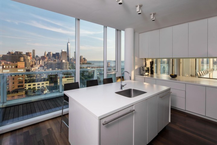 White-Kitchen-Dark-Wood-Flooring-Hudson-River-Apartment-Manhattan