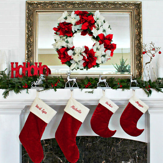 Christmas mantel in traditional colors