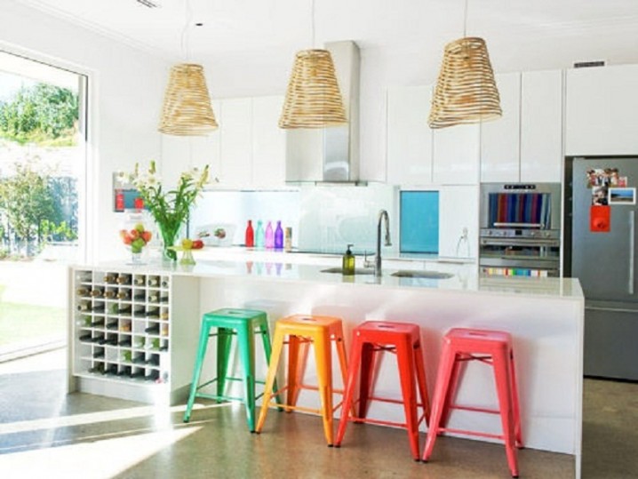 Cool-Kitchen-Update-with-Glossy-White-Cabinet-and-Vivid-Island-Stool-Colors