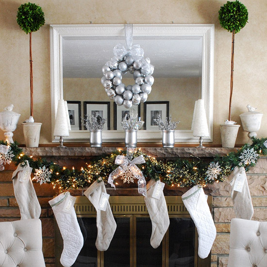 White and Silver christmas mantel