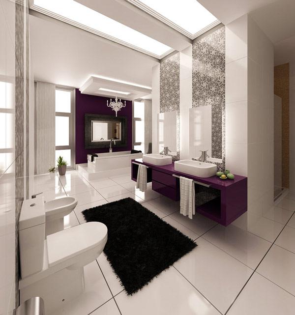 purple-and-white-bathroom-with-the-black-fur-rug
